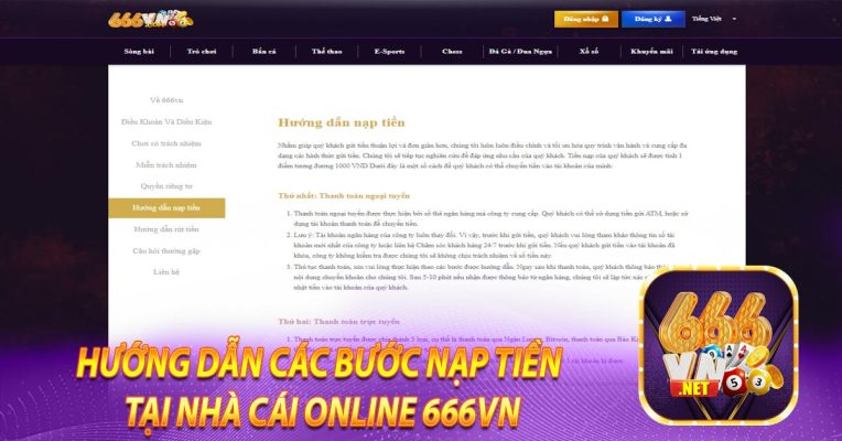 Hướng dẫn các bước nạp tiền tại nhà cái online 666vn